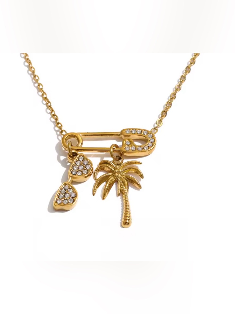 Gold Palm Tree Safety Pin Necklace with Crystal Drops - Women Jewelry